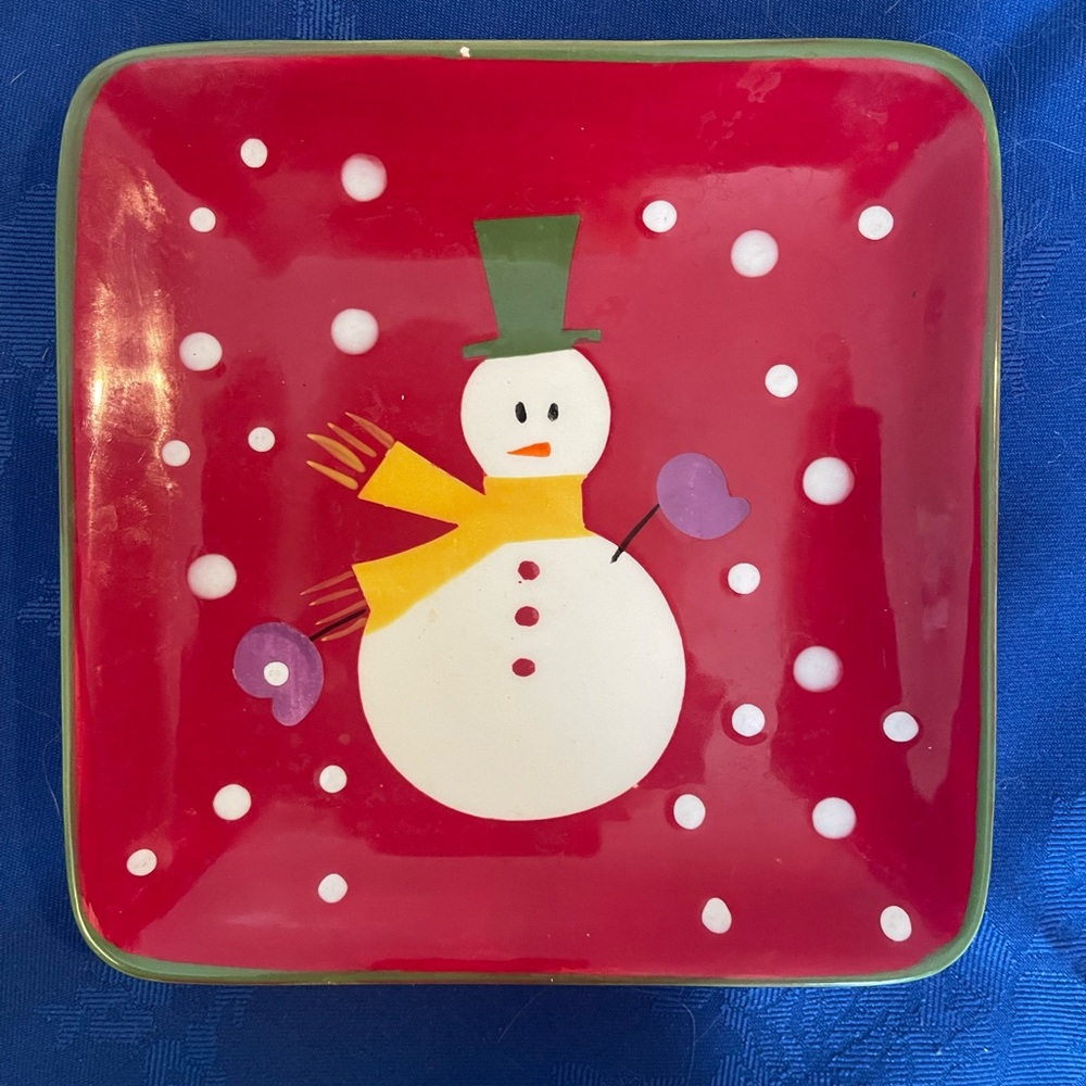 Cheerful Snowman Holiday Ceramic Plate - Red with Green Trim